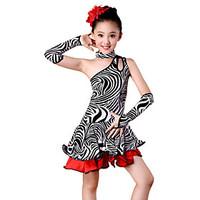 Latin Dance Outfits Children\'s Performance Spandex Milk Fiber Ruffles 4 Pieces Dress Sleeves Neckwear