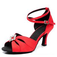 Latin Women\'s Dance Shoes Sandals Satin Rhinestone Stiletto Heel Black/Red/Camel