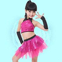 Latin Dance Outfits Kid\'s Performance Polyester Sequin 3 Pieces Sleeveless Dropped Tops Sleeve Shorts