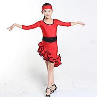 Latin Dance Kid\'s Performance Chinlon Pleated 2 Pieces 3/4 Length Sleeve Dress Headpieces