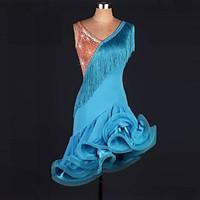 Latin Dance Dresses Women\'s Performance Polyester Organza Crystals Rhinestones Pleated Latin Dance Blue