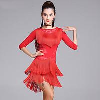 Latin Dance Dresses Women\'s Performance Lace Milk Fiber Lace Tassel(s) 2 Pieces 3/4 Length Sleeve High Dress Shorts