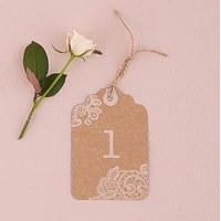 large kraft tag with vintage lace white print numbers numbers 13 24