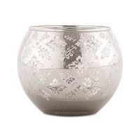 Large Glass Globe Votive Holder With Reflective Lace Pattern - Silver