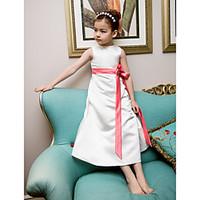 LAN TING BRIDE A-line Princess Tea-length Flower Girl Dress - Satin Jewel with Bow(s) Flower(s) Sash / Ribbon