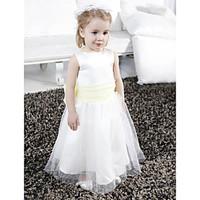 LAN TING BRIDE A-line Princess Floor-length Flower Girl Dress - Satin Tulle Scoop with Bow(s) Draping Sash / Ribbon