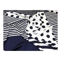Large Spots & Stripes Print Polyester Sateen Dress Fabric Navy Blue & Ivory