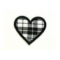 Large Tartan Heart Embroidered Iron On Motif Applique 40mm x 35mm Black/White