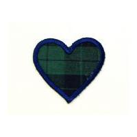 Large Tartan Heart Embroidered Iron On Motif Applique 40mm x 35mm Green/Navy