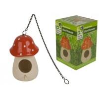 Large Red Top Pottery Mushroom Bird House With Chain