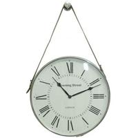 large round nickel wall clock with tan leather