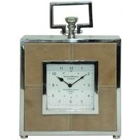 Large Tan Leather and Nickel Square Table Clock