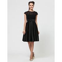 LAN TING BRIDE Knee-length Jewel Bridesmaid Dress - Little Black Dress Short Sleeve Chiffon Satin