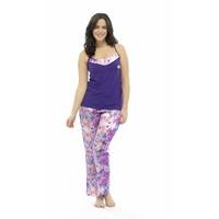 Ladies Floral Print Pyjama Set with Satin Trousers and Jersey Vest (12-14) Purple