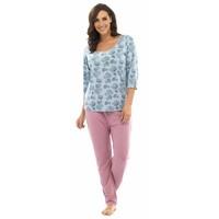 Ladies Soft Handle Jersey Pyjama Set with Styled Floral Printed Top (16-18) Blue/Pink
