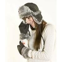 Ladies Faux Fur Trim Tweed Style Weave Trapper Hat & Mitt Glove Warm Winter Set