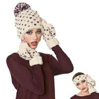 Ladies Hand Knitted Hearts Design Fashion Winter Set. Beanie Hat Plus Headband & Mitt Gloves