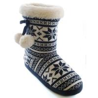 Ladies Knitted Navy White Fairisle Mix Lined Bootie Slippers by Slumberzzz 7-8