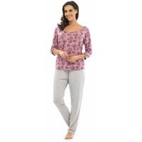 Ladies Soft Handle Jersey Pyjama Set with Styled Floral Printed Top (8-10) Pink/Grey