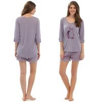 Ladies Pyjama Set Animal Print Top With Fleece Shorts Cream Fawn Or Mauve Rabbit