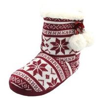 Ladies Knitted Red White Fairisle Mix Lined Bootie Slippers by Slumberzzz 3-4