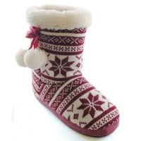 Ladies Knitted Red White Fairisle Mix Lined Bootie Slippers by Slumberzzz 5-6