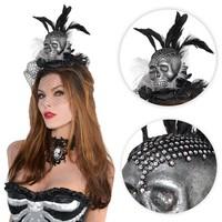 Ladies Gothic Skull Fascinator Headband Couture Headdress Feathers Halloween Day of the Dead Voodoo Witch Fancy Dress Hair Accessory