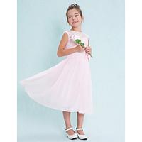 Lanting Bride Tea-length Chiffon / Lace Junior Bridesmaid Dress A-line Scoop with Flower(s) / Lace