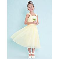 LAN TING BRIDE Tea-length Chiffon Junior Bridesmaid Dress A-line Square Natural with Draping Ruching