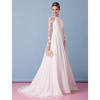 LAN TING BRIDE A-line Wedding Dress See-Through Sweep / Brush Train Jewel Chiffon Lace with Draped Lace