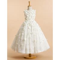 LAN TING BRIDE A-line Tea-length Flower Girl Dress - Lace Jewel with Flower(s)