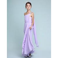 Lanting Bride Floor-length Chiffon Junior Bridesmaid Dress Sheath / Column One Shoulder with Beading / Side Draping / Ruching