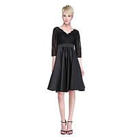 LAN TING BRIDE Knee-length V-neck Bridesmaid Dress - Little Black Dress 3/4 Length Sleeve Lace Satin