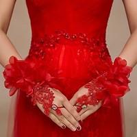 Lace/Tulle Wrist Length Wedding/Party Glove Flowers Rhinestones Red