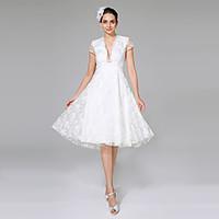 LAN TING BRIDE A-line Wedding Dress - Chic Modern Little White Dress Knee-length V-neck Lace with Lace