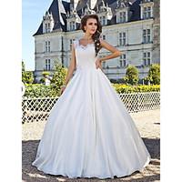 LAN TING BRIDE A-line Wedding Dress - Classic Timeless Vintage Inspired Floor-length Scoop Lace Taffeta withSash / Ribbon Appliques