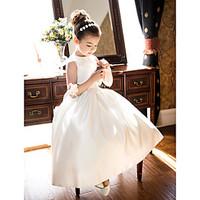 LAN TING BRIDE A-line Princess Tea-length Flower Girl Dress - Satin Jewel with Bow(s) Ruching