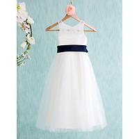 LAN TING BRIDE A-line Tea-length Flower Girl Dress - Lace Tulle Jewel with Bow(s) Sash / Ribbon Pleats