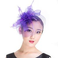 Lady Polyester Mesh Feather Flowers Fascinators Hat for Wedding Party Black/Lavender/Beige