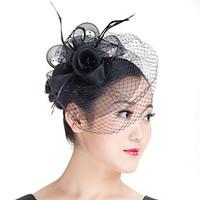 Lady Mesh Feather Birdcage Veil Flowers Fascinators Bridal Headpiece Church Hat White/Black