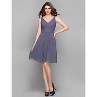 LAN TING BRIDE Knee-length Chiffon Short Bridesmaid Dress - Sheath / Column V-neck Plus Size / Petite