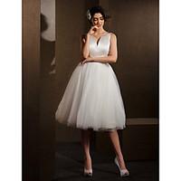 LAN TING BRIDE Ball Gown Wedding Dress Little White Dress Knee-length V-neck Satin Tulle with Bow Sash / Ribbon