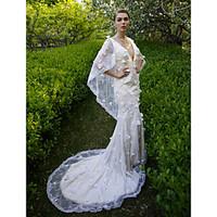 LAN TING BRIDE Trumpet / Mermaid Wedding Dress - Chic Modern Open Back Court Train V-neck Lace with Flower Sequin