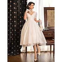 LAN TING BRIDE A-line Princess Wedding Dress - Reception Little White Dress Tea-length V-neck Taffeta with Lace