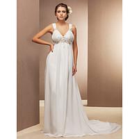 LAN TING BRIDE Sheath / Column Wedding Dress - Chic Modern See-Through Court Train V-neck Chiffon withAppliques Beading Flower