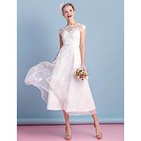 LAN TING BRIDE A-line Wedding Dress See-Through Tea-length Bateau Organza with Appliques Bow Lace Sash / Ribbon