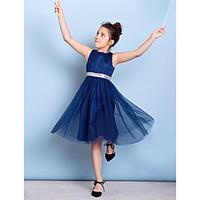 Lanting Bride Knee-length Tulle Junior Bridesmaid Dress A-line Jewel with Draping / Sash / Ribbon / Sequins