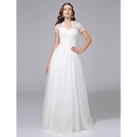 LAN TING BRIDE A-line Wedding Dress - Classic Timeless Open Back Floor-length V-neck Tulle with Appliques Beading Sash / Ribbon
