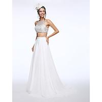 LAN TING BRIDE A-line Wedding Dress Two-in-One Sweep / Brush Train Bateau Chiffon with Beading Sequin