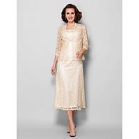 LAN TING BRIDE Sheath / Column Plus Size Petite Mother of the Bride Dress - Wrap Included Tea-length 3/4 Length Sleeve Lace withCrystal